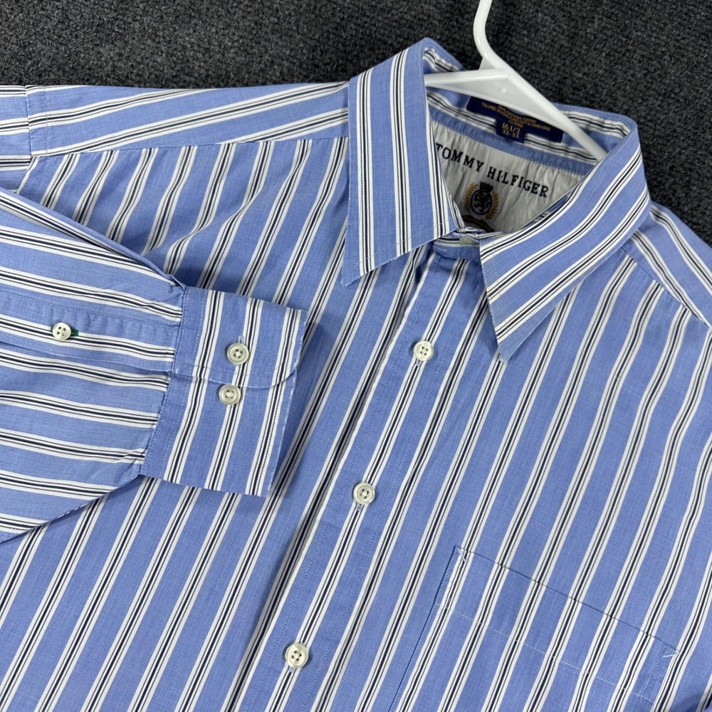 Tommy Hilfiger Button Down Mens 16.5 32-33 Blue Striped Long Sleeve Cotton Shirt